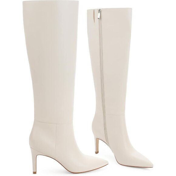 Women Beige Faux Leather Pointed Toe Tall  Stiletto High Heel Zipper Dress Boots - Picture 3 of 7